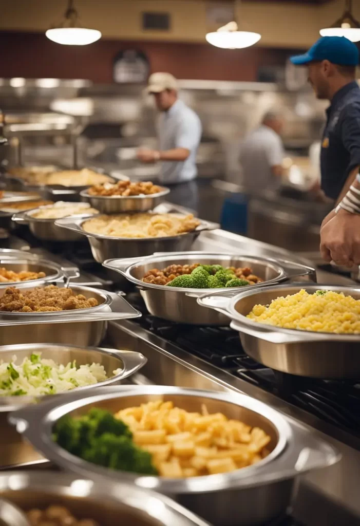 A variety of freshly prepared dishes displayed in a buffet line at a Waco restaurant, with chefs serving in the background