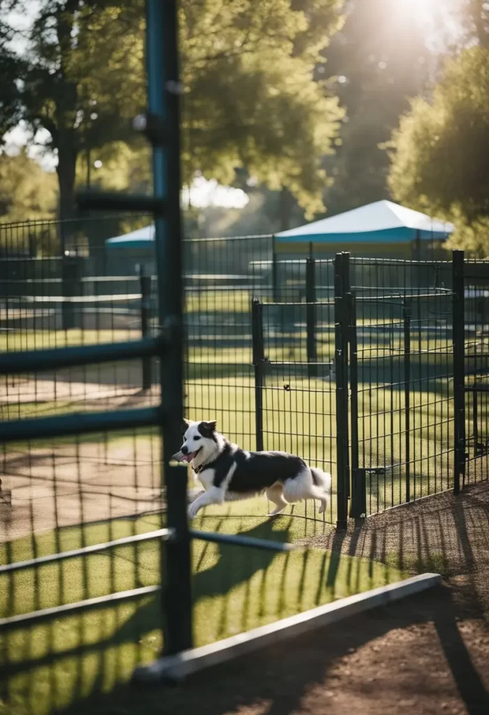 A black and white dog enjoys a sunny day at Hot Dog Park in Waco, enclosed by tall metal fences with lush green grass underfoot