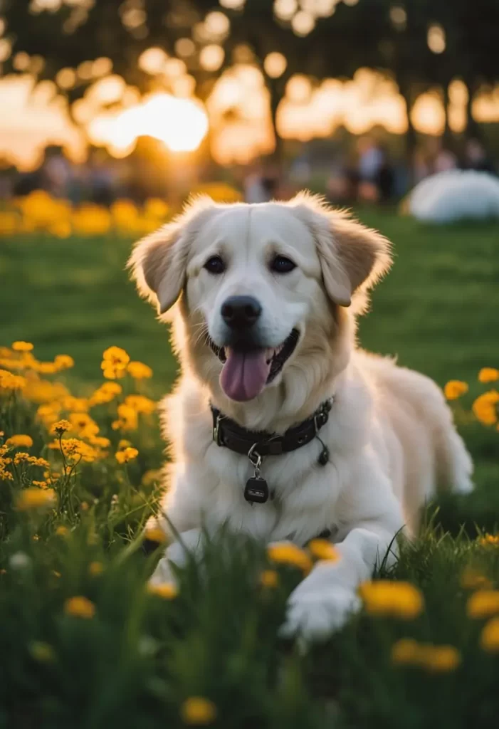 Golden retriever lounging in a field of yellow flowers at sunset, evoking the peaceful atmosphere of Hot Dog Park in Waco