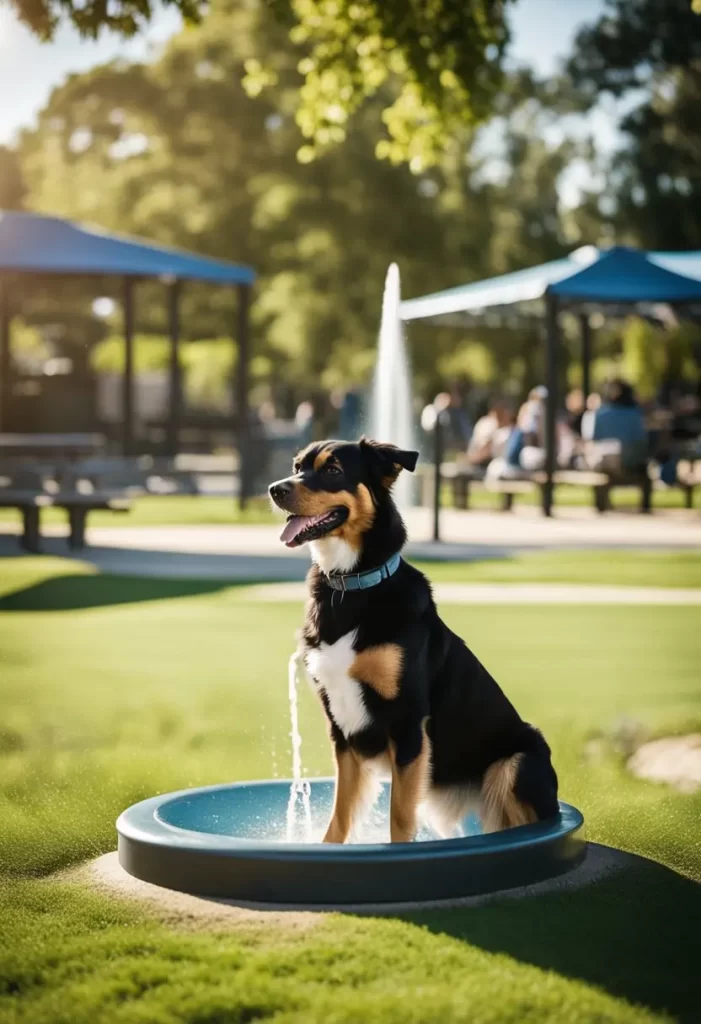 A happy dog enjoying a sunny day, standing in a water feature designed for canine fun