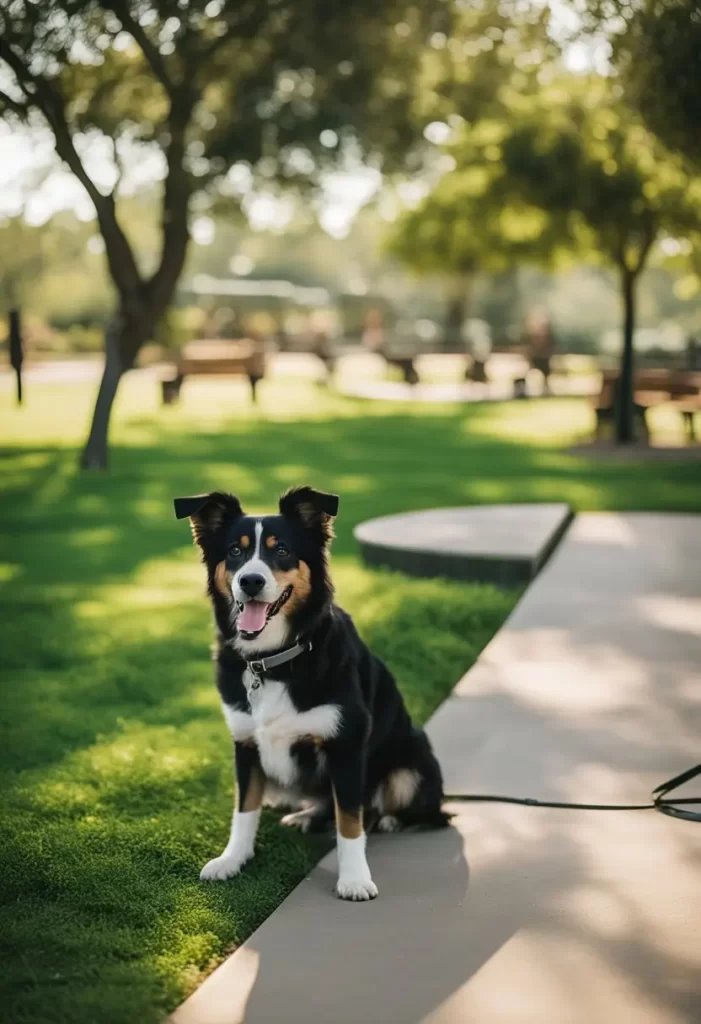 "Attentive Border Collie sitting on a pathway at Hot Dog Park in Waco, surrounded by lush greenery on a sunny day