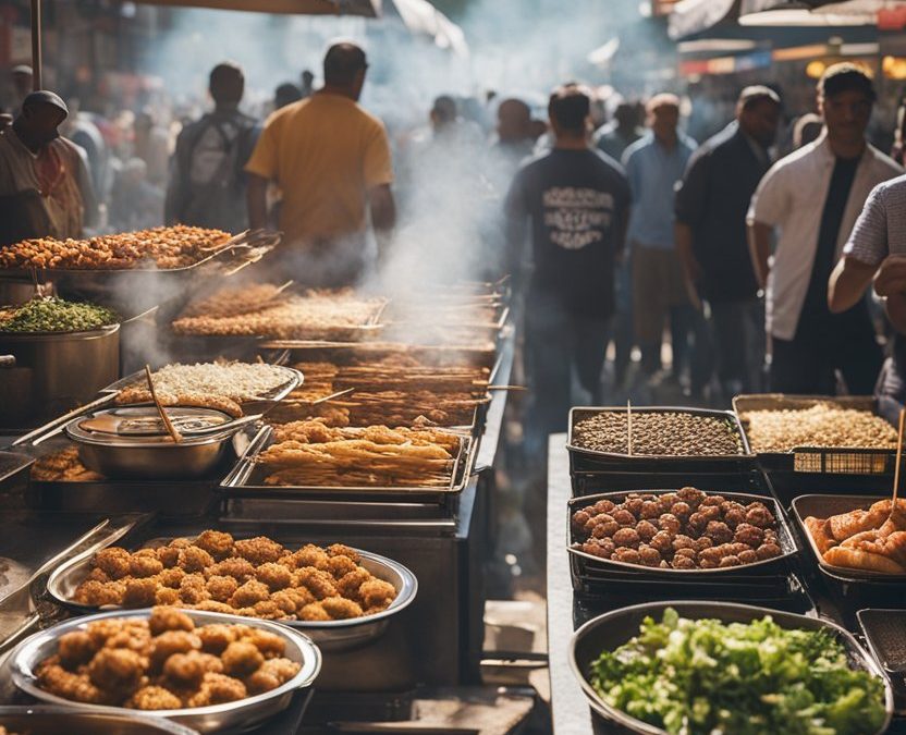 A bustling street market with colorful food stalls, smoke rising from sizzling skewers, and a crowd of satisfied customers enjoying the best kebabs in Waco