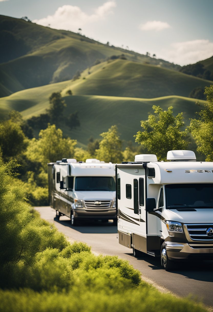 A serene RV resort nestled among rolling hills and lush greenery, with spacious sites and modern amenities