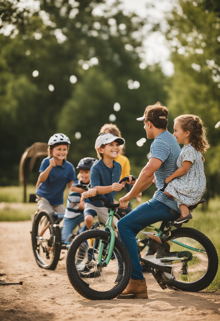 Families fishing, biking, and playing volleyball at Flat Creek Farms RV Resort in Waco