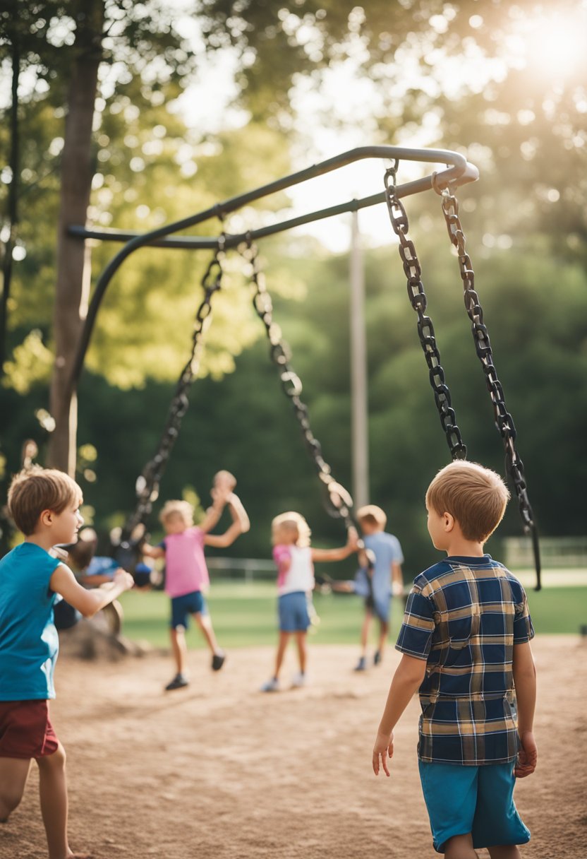 Children playing on the playground, families having picnics, people hiking on trails, and groups playing sports on the fields at Mountainview Park in Waco