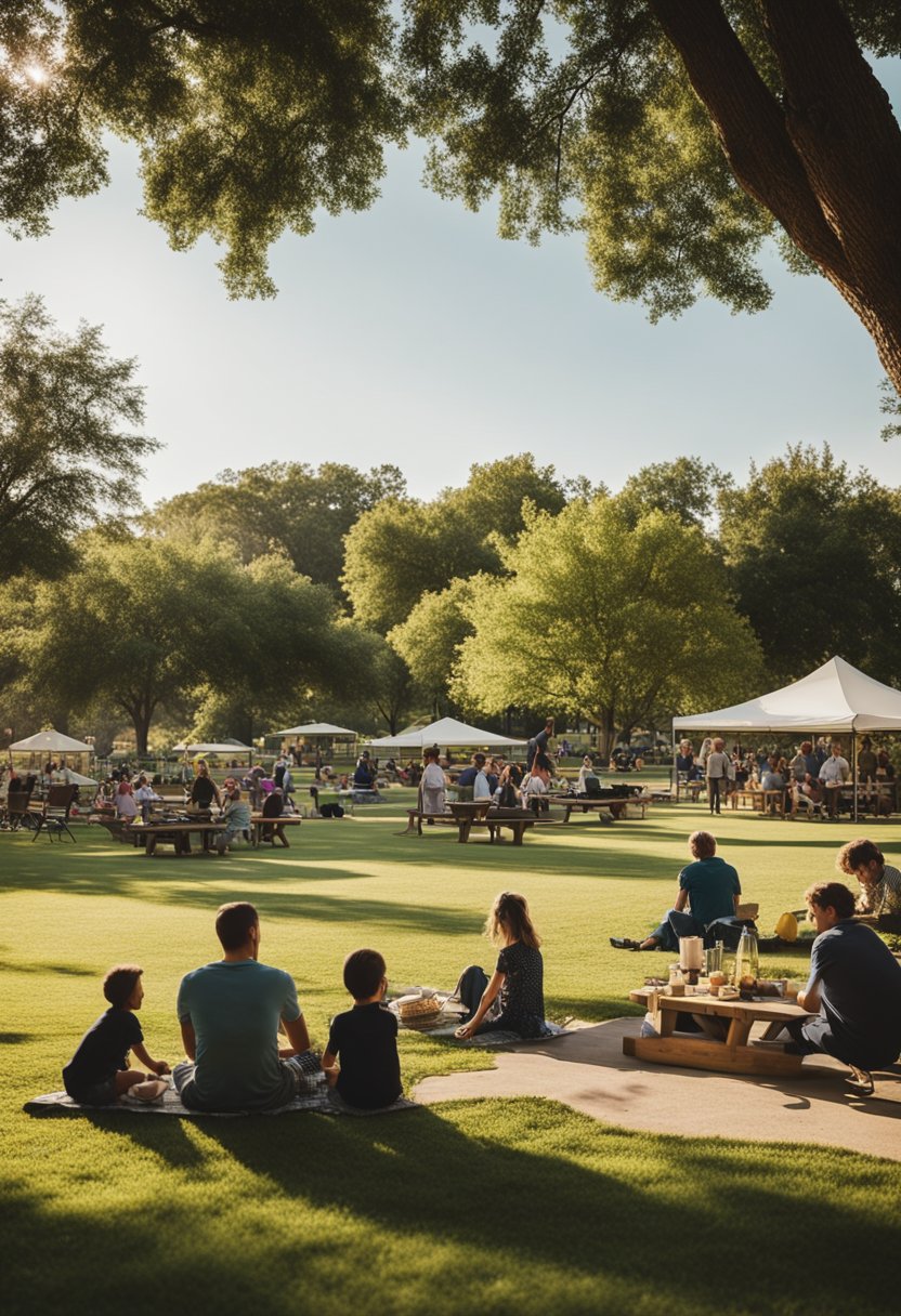 A bustling park with families picnicking, kids playing, and groups gathering for events in Mountainview Park, Waco