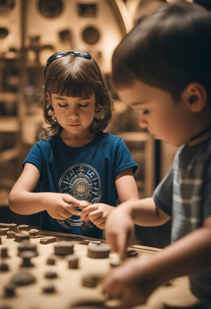 Children explore interactive exhibits in a Waco museum, marveling at artifacts and engaging in hands-on activities