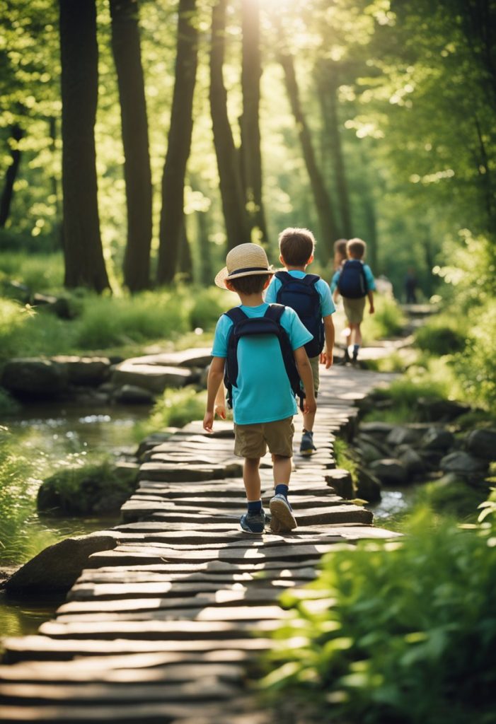 Children hiking along a wooded trail, crossing a small stream on stepping stones, with a backdrop of green trees and blue sky