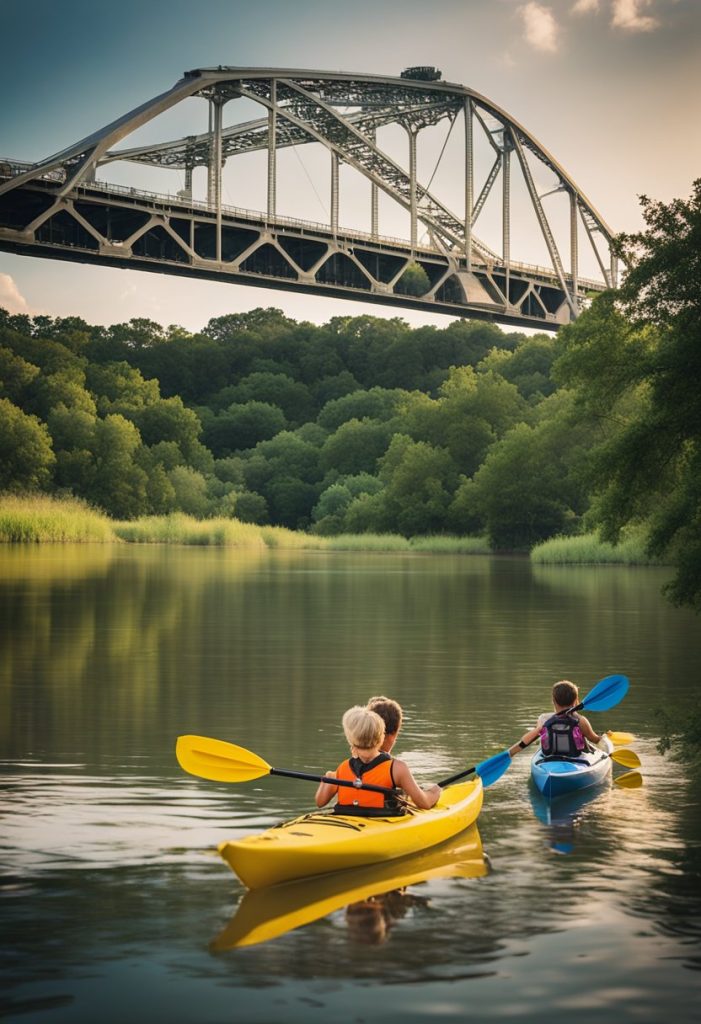 Children kayaking on the calm waters of the Brazos River, passing under the iconic Waco Suspension Bridge with lush greenery lining the banks