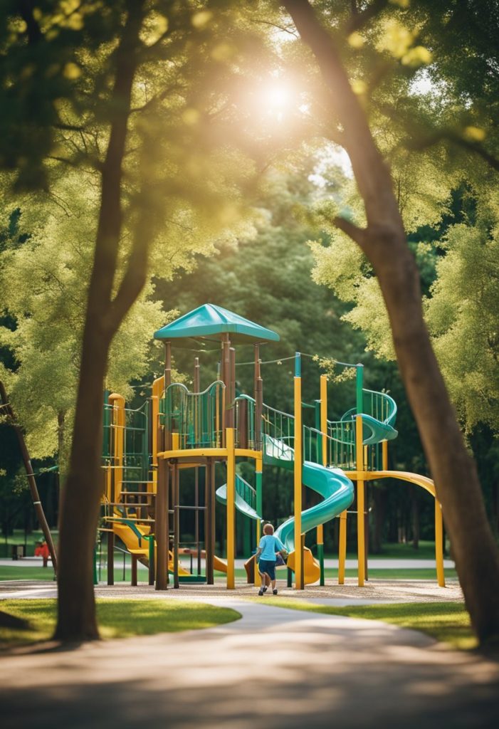 Children playing on colorful playground equipment in a lush green park with towering trees and a winding path