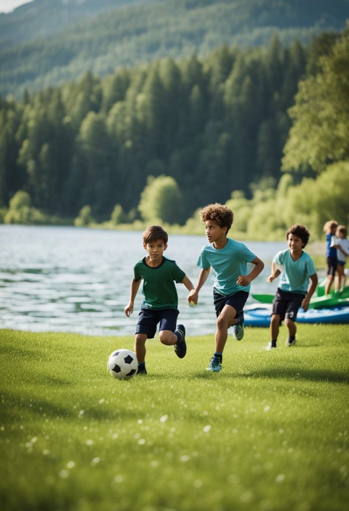 Children playing soccer on a grass field, families picnicking by the river, kids climbing a rock wall, and others kayaking on the lake