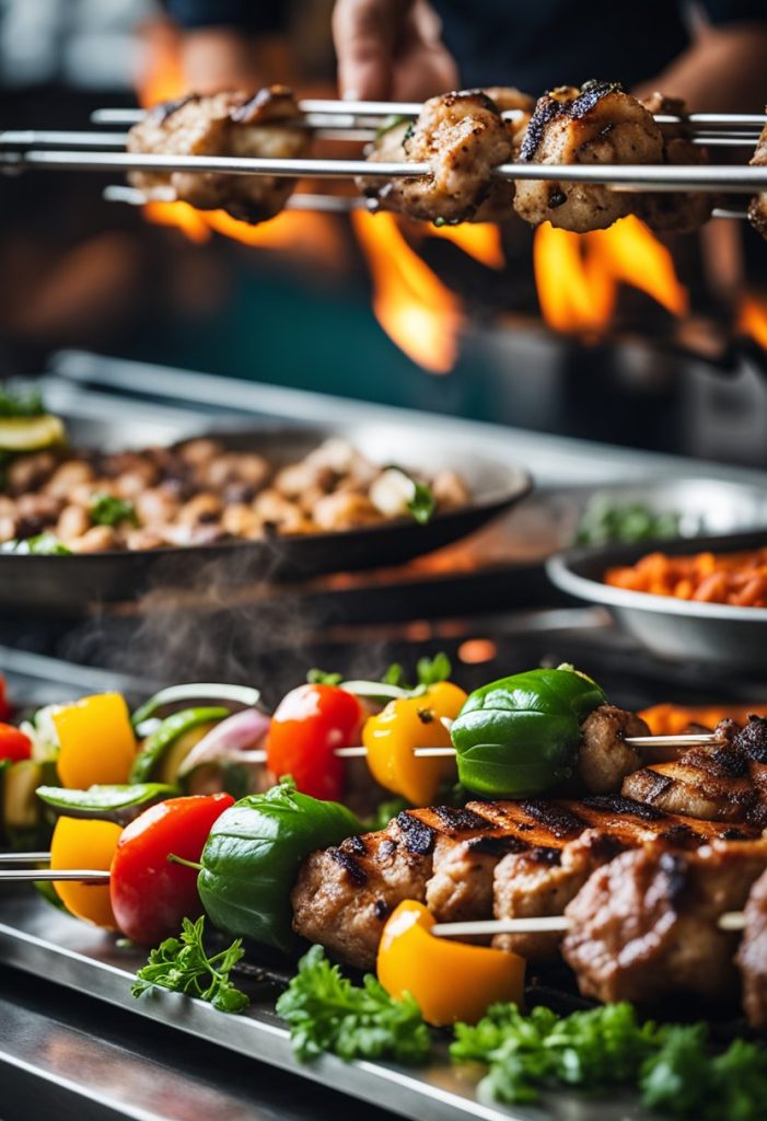 A sizzling grill cooks juicy kebabs, surrounded by colorful Mediterranean spices and herbs at D's Mediterranean Grill in Waco