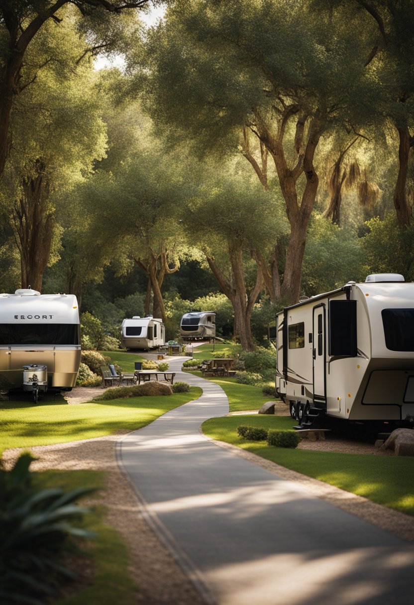 The RV resort sits nestled among lush greenery, with winding paths leading to spacious camping spots. A serene creek meanders through the property, while families enjoy outdoor activities and gatherings