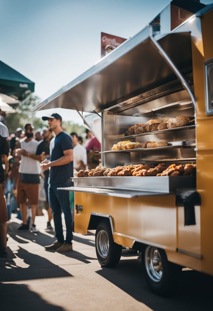 The bustling food truck park is filled with the aroma of sizzling meat and warm spices, as customers line up for the famous kebabs at Alpha Omega Best Kebabs in Waco