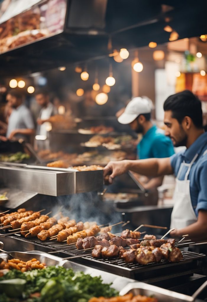 A bustling kebab stand with a colorful array of skewered meats and vegetables sizzling on the grill, surrounded by a diverse crowd of customers enjoying their meals