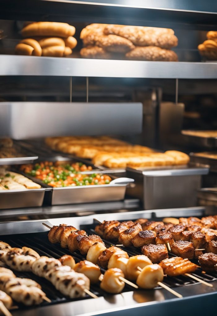 The bustling grill sizzles with marinated meat skewers, emitting a mouthwatering aroma. A bakery counter displays fresh bread and pastries, while a sign proudly proclaims "Best Kebabs in Waco."