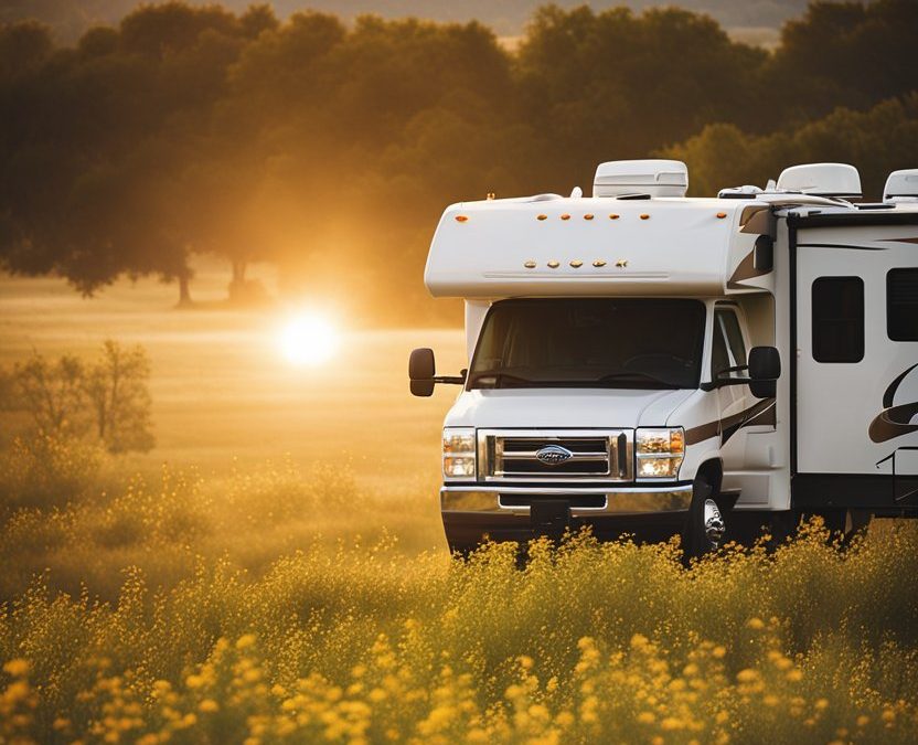 A scenic view of Flat Creek Farms RV Resort in Waco, Texas, featuring RVs parked among lush greenery