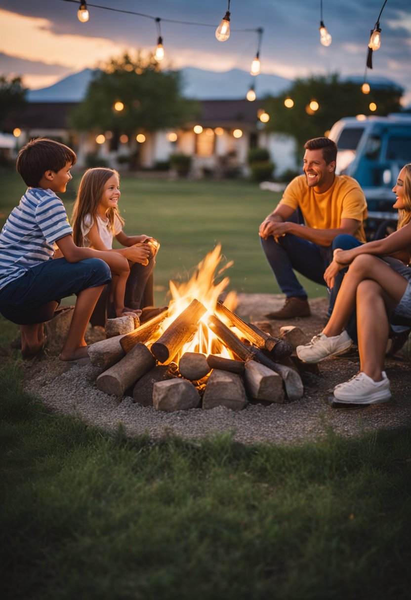 Families gather around the campfire at Flat Creek Farms RV Resort. Children play in the grass as the sun sets behind the rolling hills of Waco