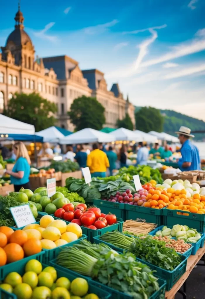 A bustling farmers market with vibrant produce and artisanal goods, set against the backdrop of historic buildings and a scenic riverfront