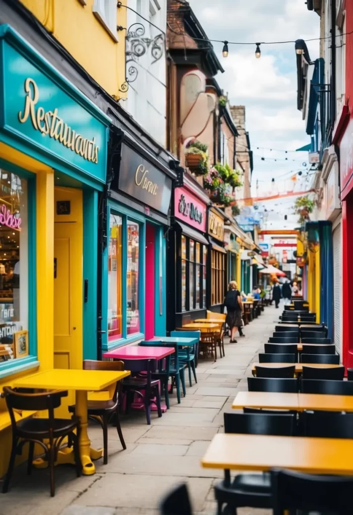 A bustling street lined with quirky shops and vibrant restaurants, with colorful signage and inviting outdoor seating areas