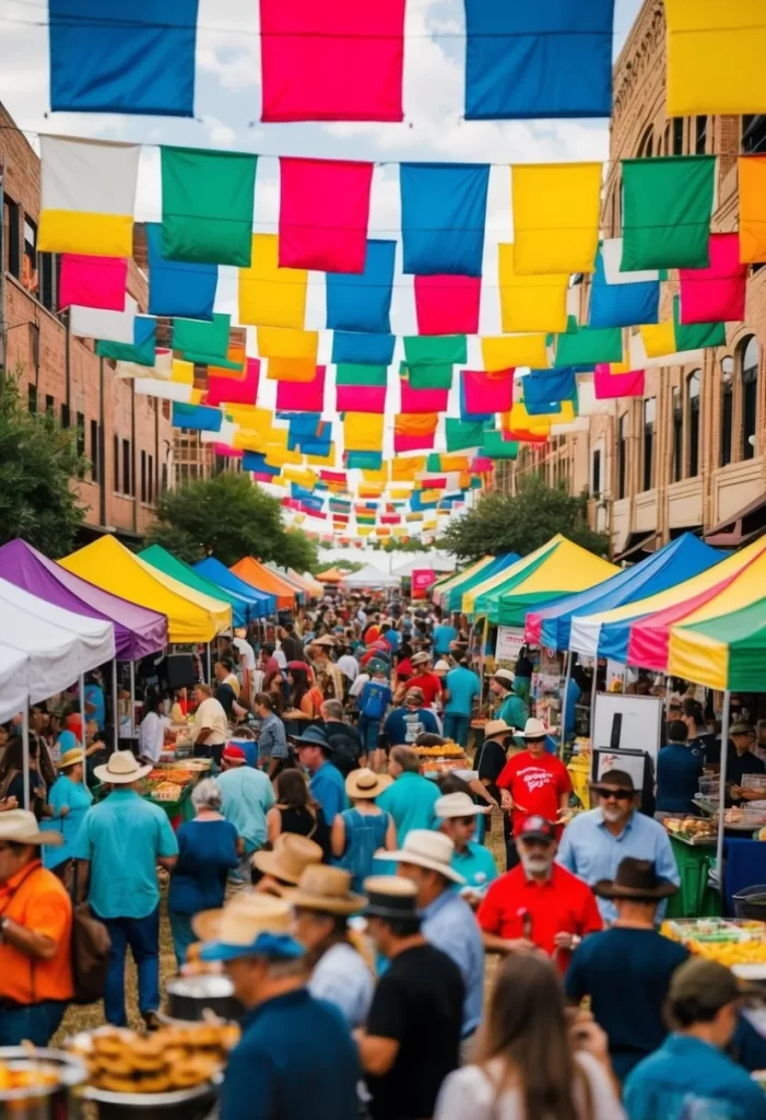 A bustling festival scene in Waco, Texas, with colorful tents, food vendors, and live music, creating a lively and vibrant atmosphere