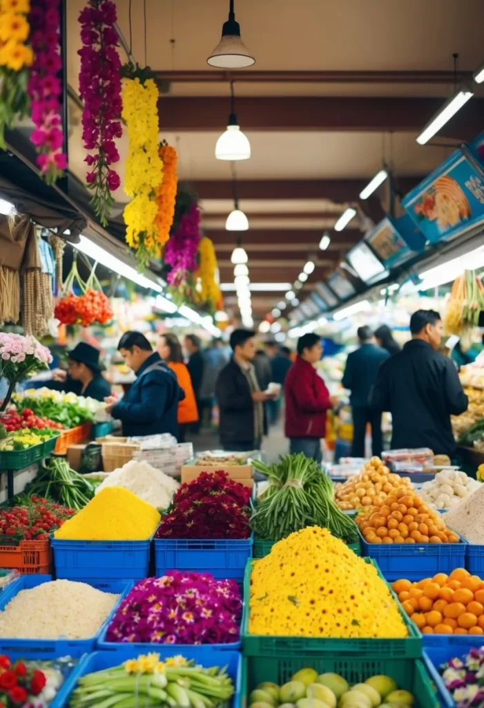 A bustling market with colorful vendor stalls and a variety of goods on display. The scent of fresh flowers and the sound of chatter fill the air