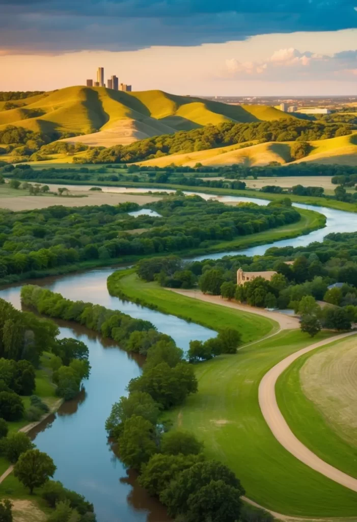 A picturesque landscape of Waco, Texas, with rolling hills, a winding river, and lush greenery, offering opportunities for outdoor adventures