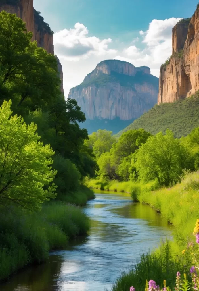 A serene river winds through lush greenery, framed by towering cliffs and vibrant wildflowers. A picturesque scene of Waco’s natural beauty