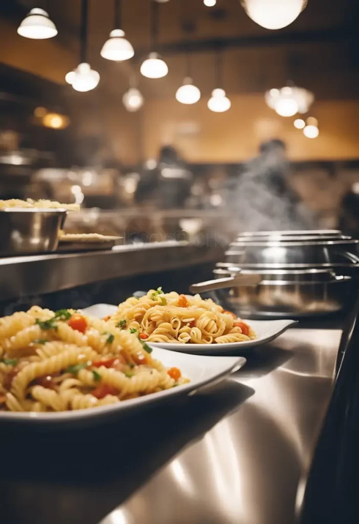 Plate of pasta with garnish in a bustling Italian restaurant kitchen: Discovering Italian Cuisine in Waco: Top Italian Restaurants in Waco.