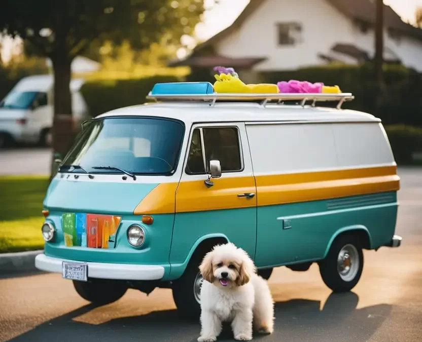 A happy dog standing near a mobile grooming van in Waco.