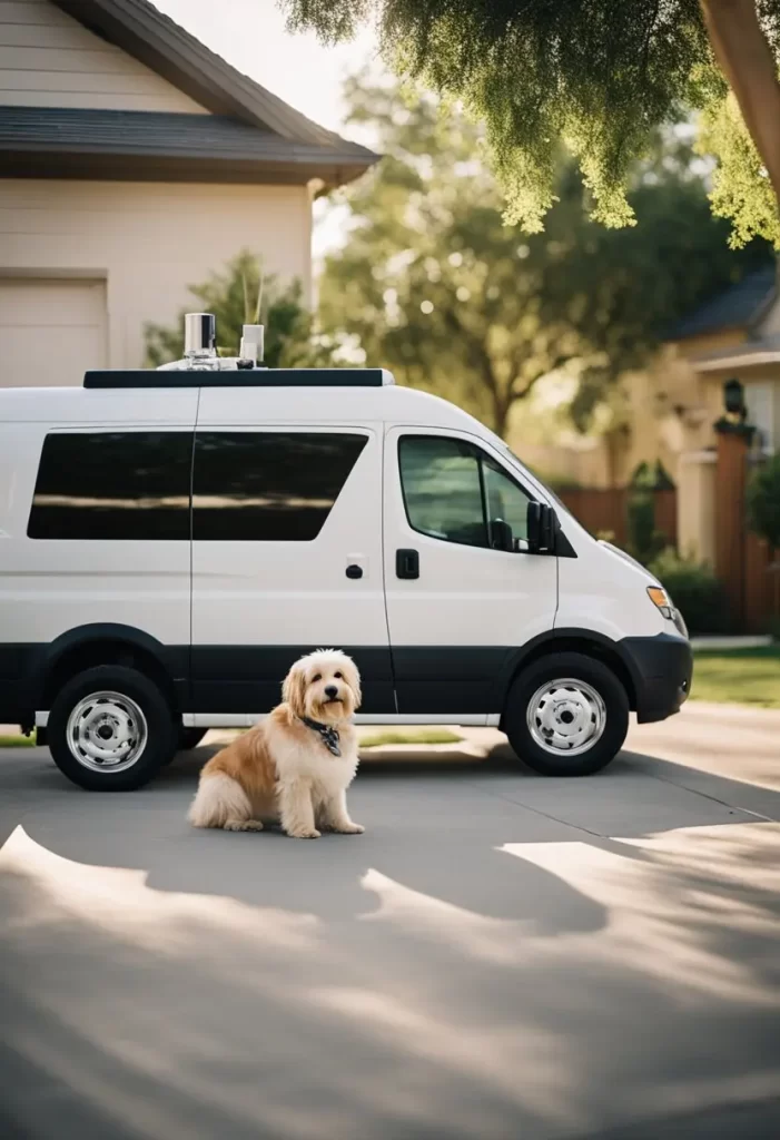 A fluffy, light-colored dog sits on a driveway in front of a white mobile grooming van parked by a house.