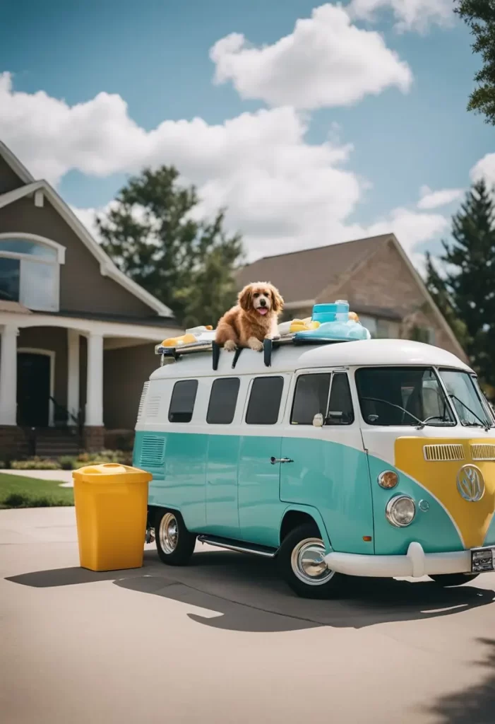  A colorful mobile dog grooming van parked in a residential driveway with a dog sitting on its roof next to oversized grooming supplies.