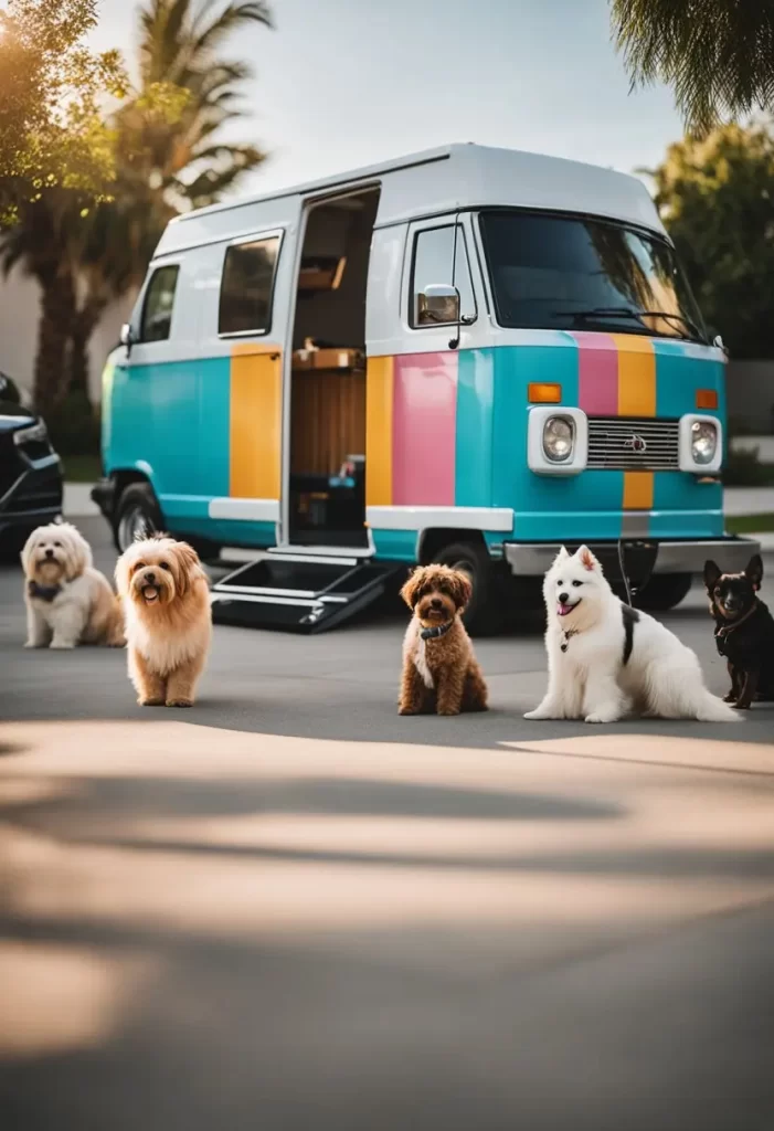 A colorful mobile dog grooming van parked with four dogs of different breeds in the foreground.