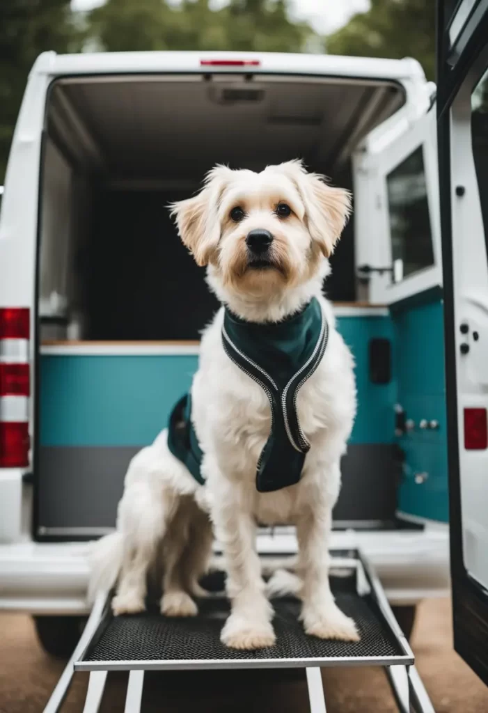 A dog with a blurred face standing on a ramp leading into a mobile grooming van, indicating mobile dog grooming services.