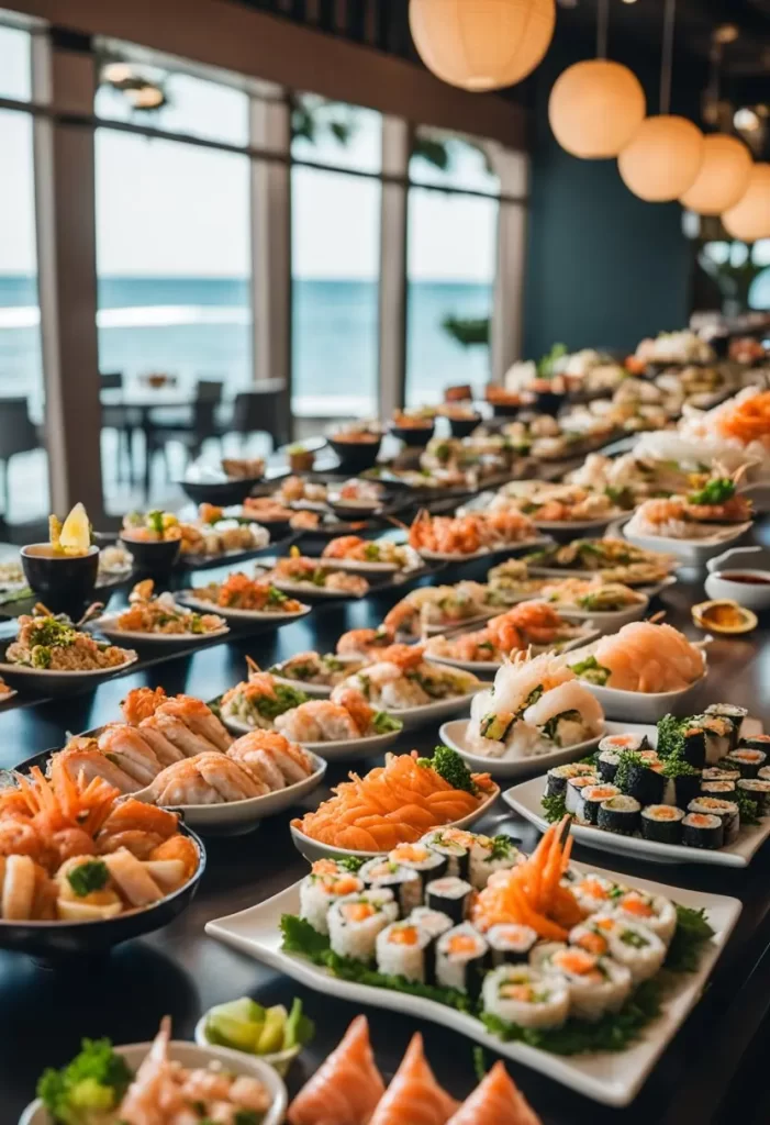 A lavish spread of various sushi and sashimi dishes at the best Buffet in Waco, showcasing a variety of rolls, nigiri, and fresh seafood delicacies.