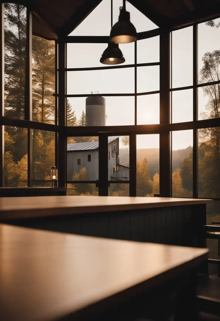 A serene view from inside a room with large windows overlooking a silo amidst forested area during sunset, overnight-stay-near-the-silos-waco Choosing the Right Accommodation