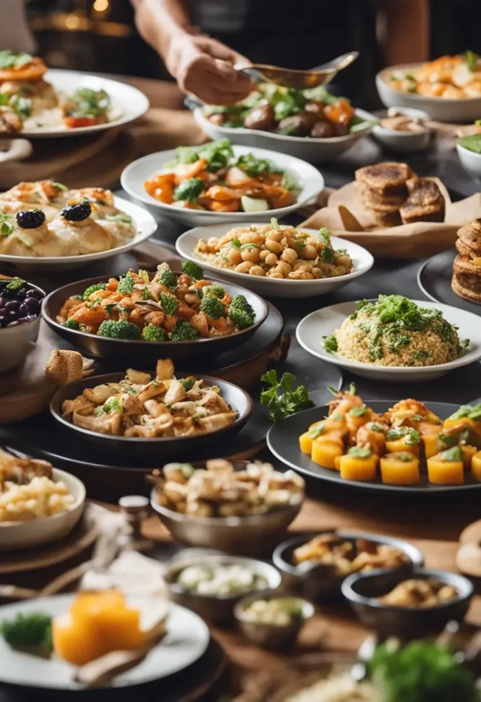 A variety of dishes displayed at a buffet in Waco, featuring an assortment of salads, grains, and fruit dishes, with a person serving themselves in the background.