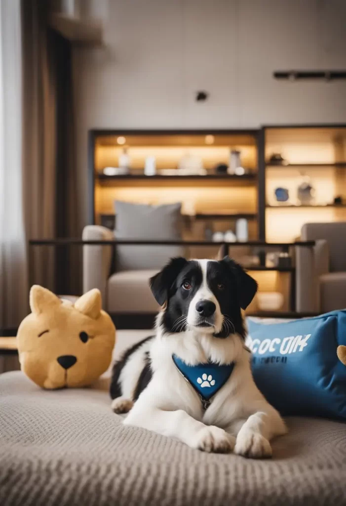 Travelling with Pets in Waco: Black and white dog with a blue bandana lying on a couch next to a plush yellow dog toy and a blue pet travel pillow