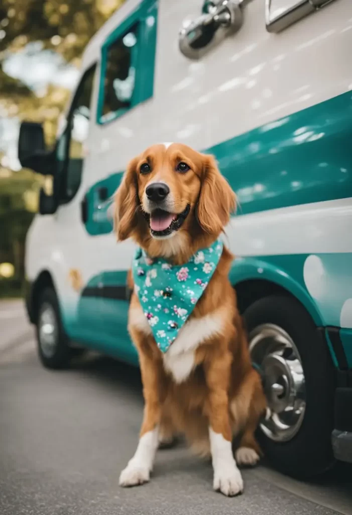 A happy golden retriever wearing a floral bandana stands in front of a mobile dog grooming van, highlighting the convenient services for pet owners in Waco.