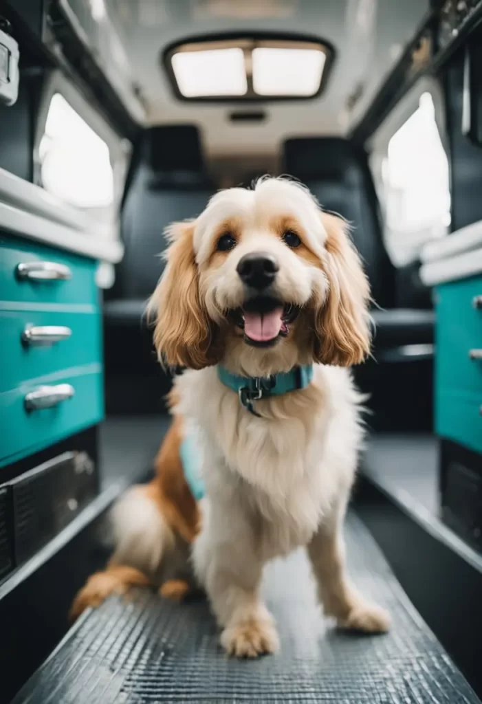 A cheerful dog inside Petworks with teal cabinets in the background.