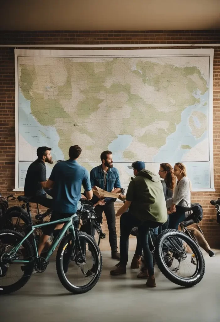 A group of individuals with obscured faces standing and sitting around a large wall-mounted map, possibly planning a trip or discussing locations, with bicycles in the foreground suggesting an outdoor activity theme.