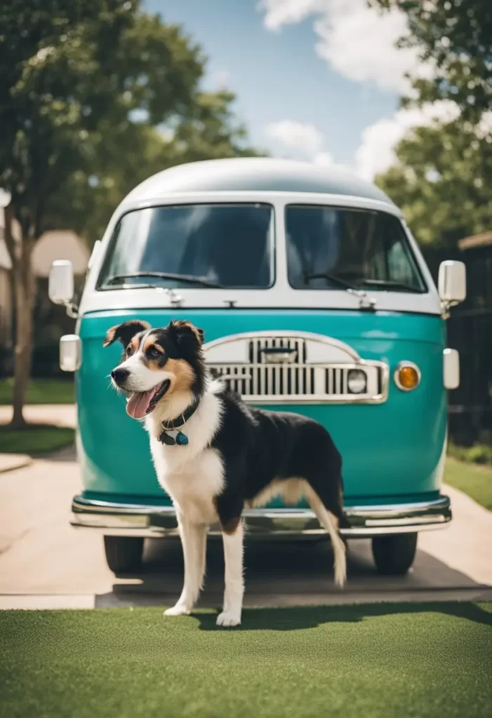 A happy dog standing in front of a vintage blue mobile grooming van on a sunny day.