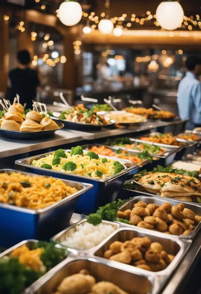 A variety of freshly prepared dishes displayed in a buffet setting, featuring pasta, vegetables, rice, and bread rolls.