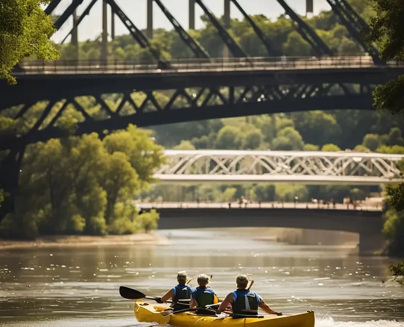 Three individuals kayaking on a calm river with lush greenery on the banks under the steel bridges of Waco, perfect for Sports Adventures in Waco.