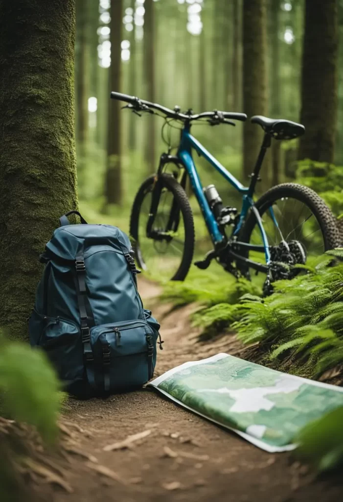 Mountain bike and backpack resting against a tree on a lush green trail in Waco, perfect for Sports Adventures.