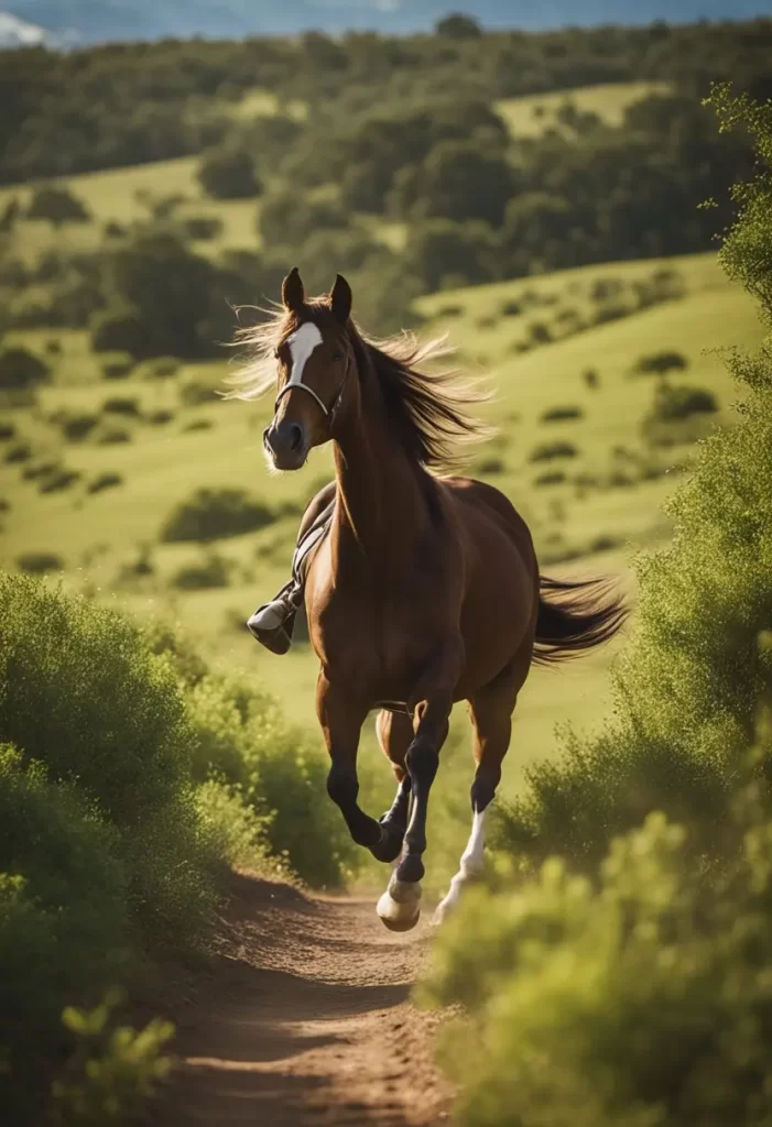 A majestic horse galloping freely on a dirt trail amidst the lush greenery of Waco’s countryside, showcasing the thrill of Sports Adventures in Waco.