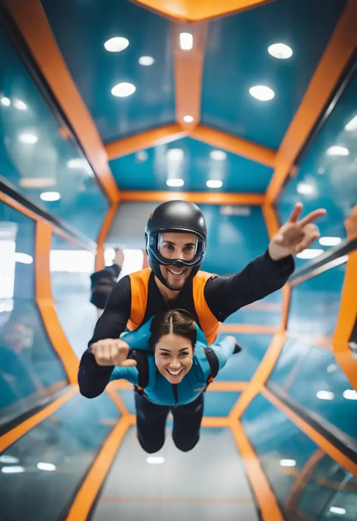 Participant enjoying Indoor Skydiving at a Sports Adventures facility in Waco, demonstrating the thrill of simulated freefall in a vertical wind tunnel.