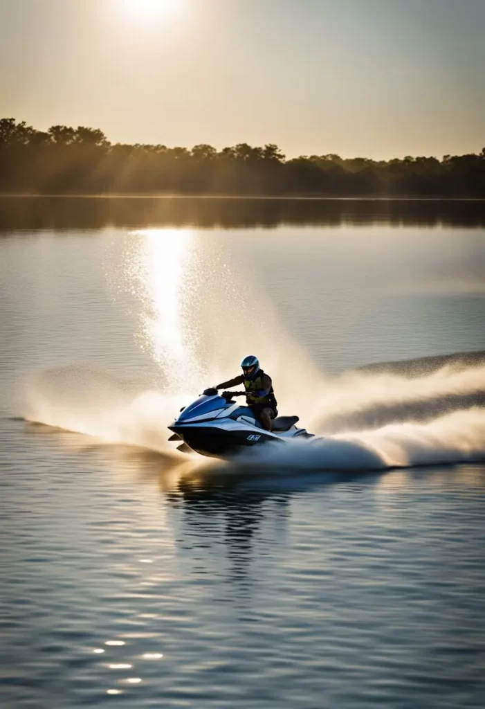 Person riding a jet ski on Lake Waco at sunset, creating a spray of water that catches the light