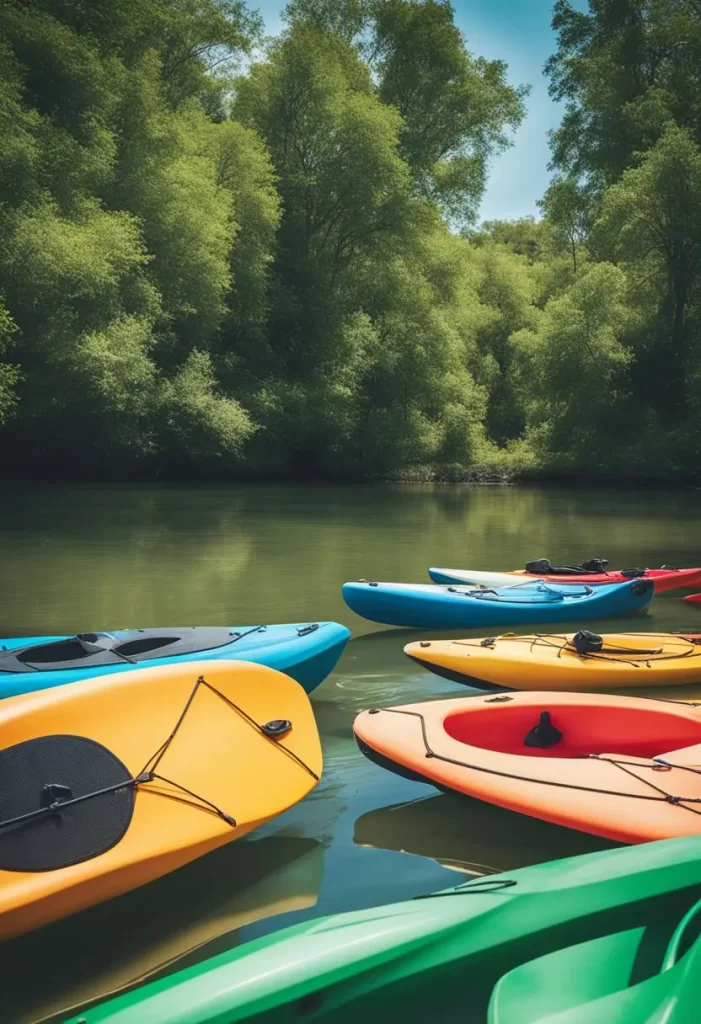 A vibrant array of colorful kayaks from Waco Paddle Company lined up along the serene waters, ready for a Sports Adventures in Waco.