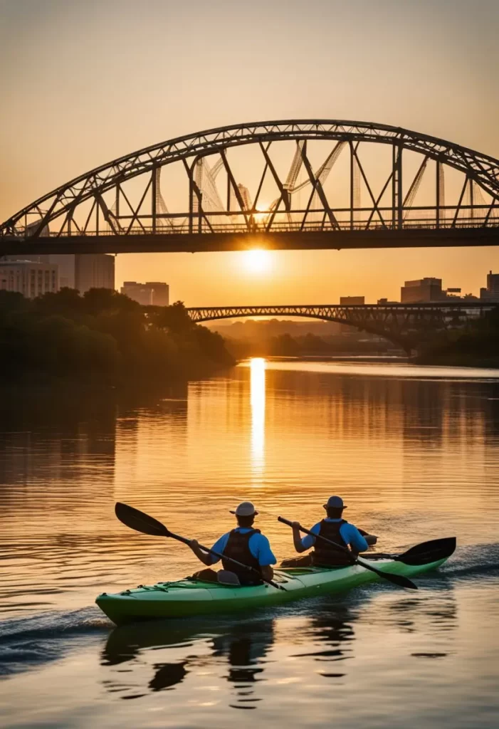 Two individuals kayaking on a calm river at sunrise with a large steel arch bridge in the background.